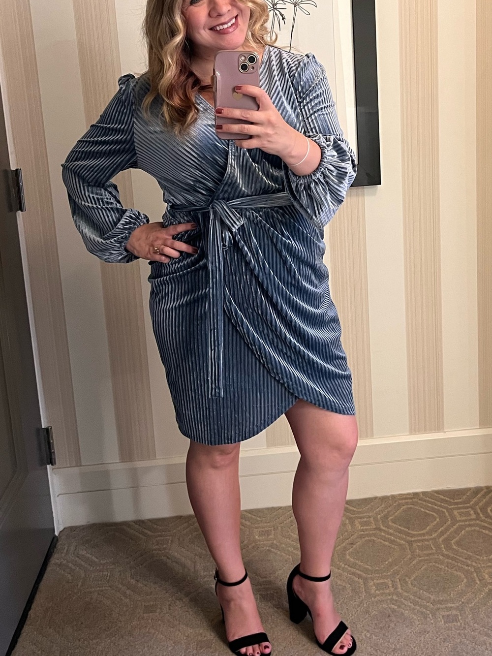 🖤 Velvet Wrap Long-Sleeve  Dress in Steel Blue. | Size L | Curve Flattering!